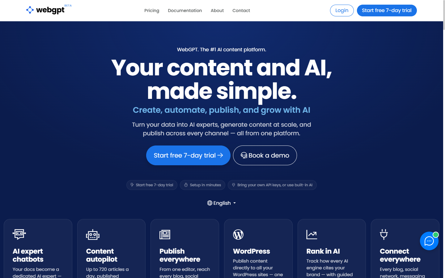 The WebGPT homepage, headlined “Your content and AI, made simple.”